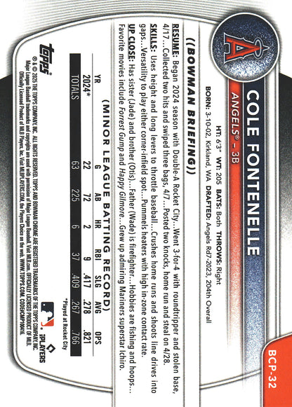 2025 Topps Bowman Chrome Prospects Green Grass /99 1st Cole Fontenelle #BCP-32 Los Angeles Angels