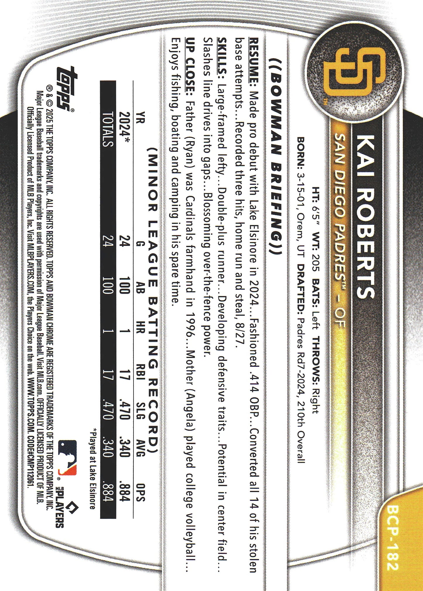 2025 Topps Bowman Chrome Prospects Yellow /75 1st Kai Roberts #BCP-182 San Diego Padres