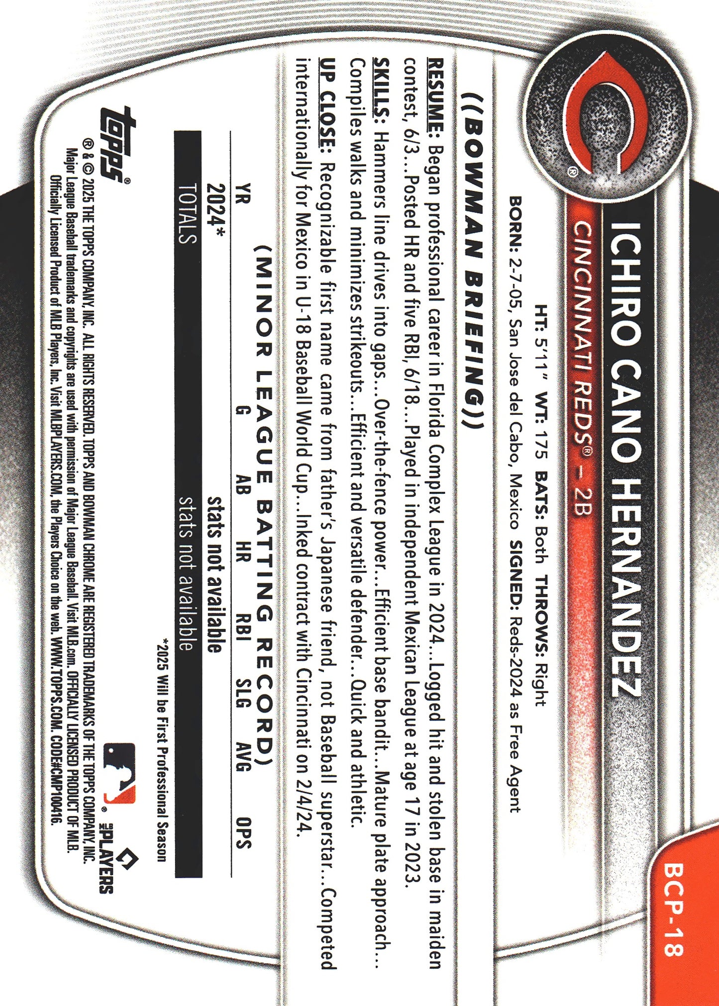 2025 Topps Bowman Chrome Prospects Yellow X-Fractor /75 1st Ichiro Cano Hernandez #BCP-18 Cincinnati Reds