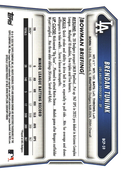 2026 Topps Bowman Chrome Mojo Prospects Blue Mojo /150 Brendan Tunink #BP-59 Los Angeles Dodgers