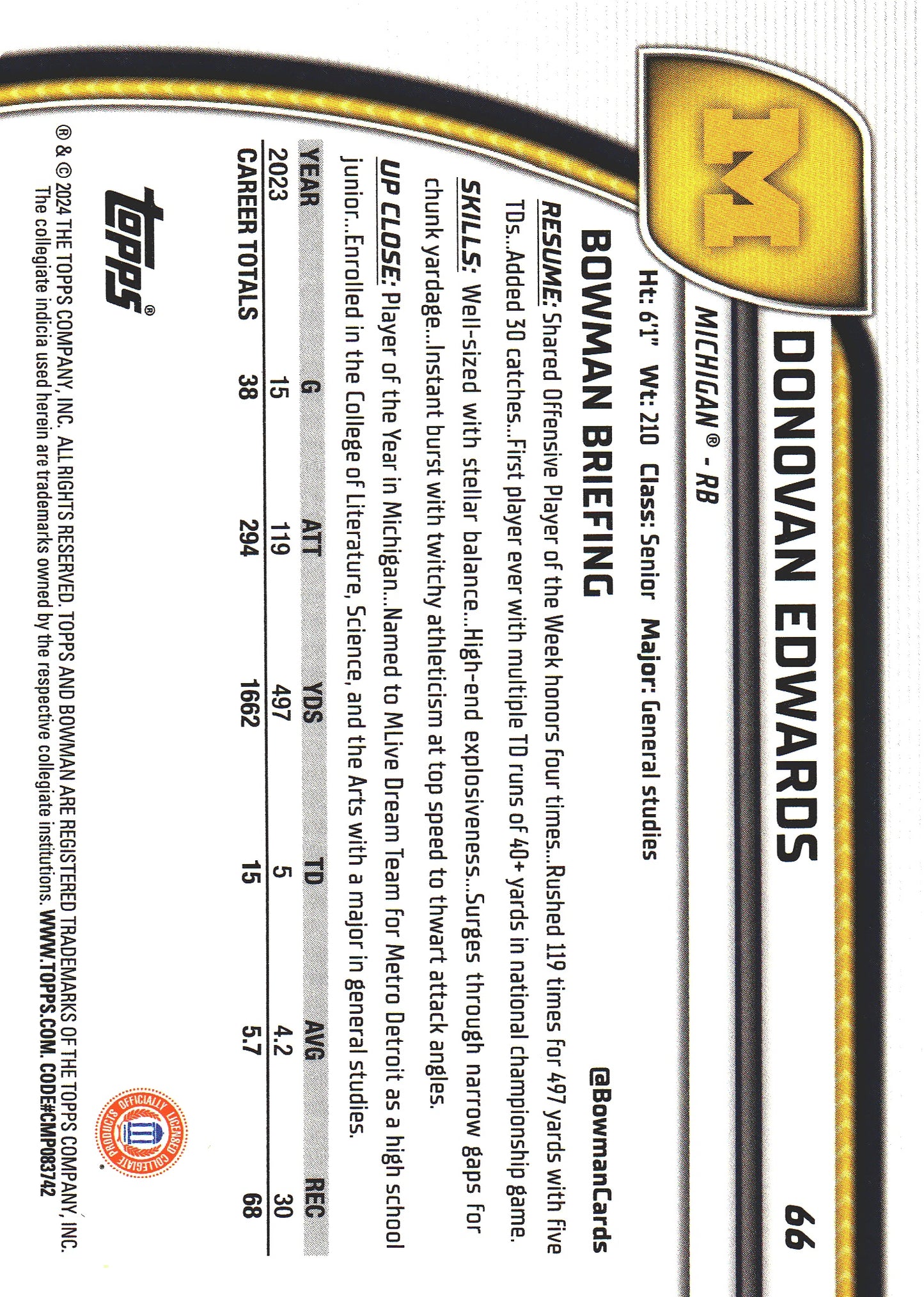 2024 Topps Bowman U Chrome Purple /399 Donovan Edwards #66 Michigan Wolverines