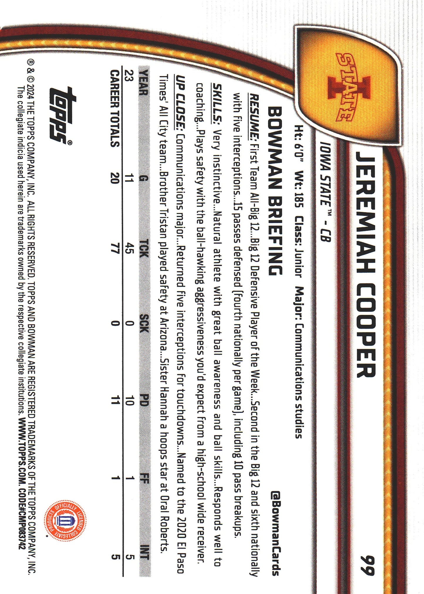 2024 Topps Bowman U Chrome Purple /399 Jeremiah Cooper #99 Iowa State Cyclones