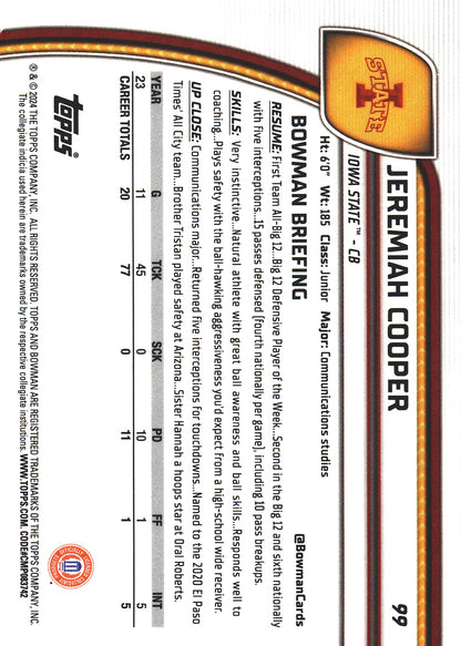 2024 Topps Bowman U Chrome Purple /399 Jeremiah Cooper #99 Iowa State Cyclones