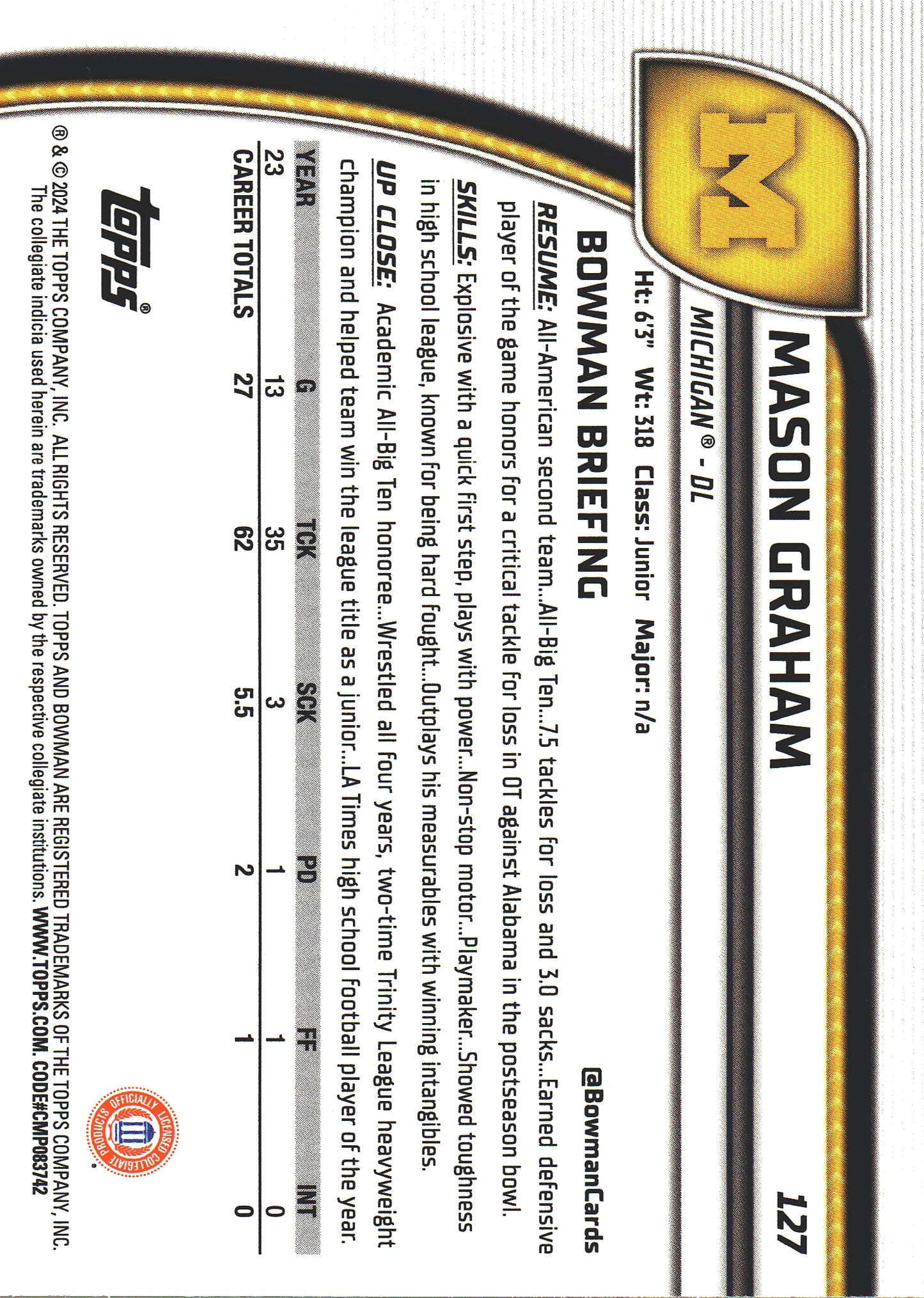 2024 Topps Bowman U Chrome Purple /399 Mason Graham #127 Michigan Wolverines