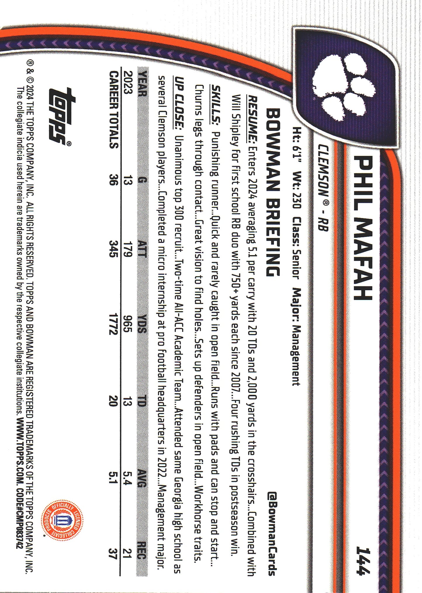 2024 Topps Bowman U Chrome Purple /399 Phil Mafah #144 Clemson Tigers
