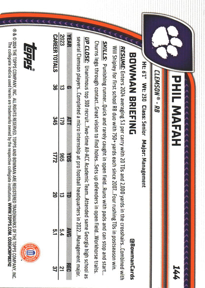 2024 Topps Bowman U Chrome Purple /399 Phil Mafah #144 Clemson Tigers