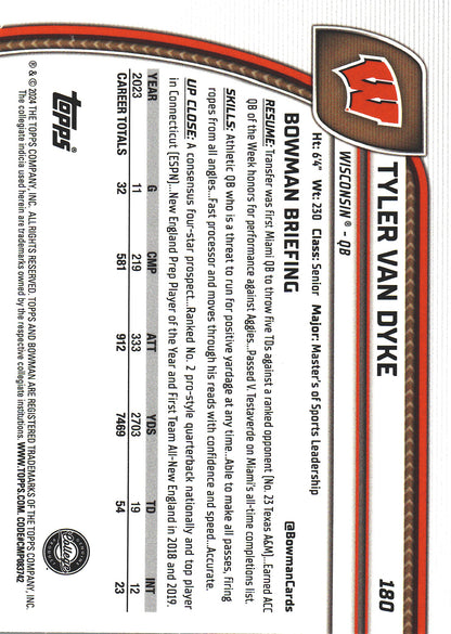 2024 Topps Bowman U Chrome Purple /399 Tyler Van Dyke #180 Wisconsin Badgers