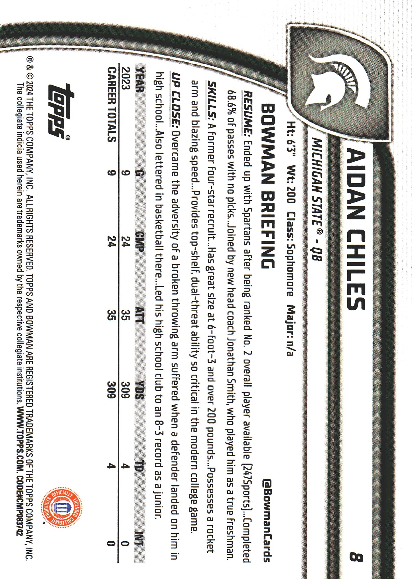 2024 Topps Bowman U Chrome Purple Mini Diamond /375 Aidan Chiles #8 Michigan State Spartans
