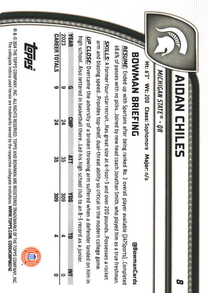 2024 Topps Bowman U Chrome Purple Mini Diamond /375 Aidan Chiles #8 Michigan State Spartans