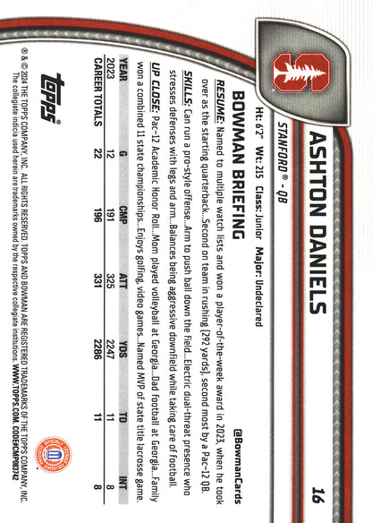 2024 Topps Bowman U Chrome Purple Mini Diamond /375 Ashton Daniels #16 Stanford Cardinal