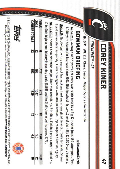 2024 Topps Bowman U Chrome Purple Mini Diamond /375 Corey Kiner #47 Cincinnati Bearcats