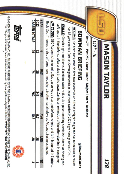 2024 Topps Bowman U Chrome Purple Mini Diamond /375 Mason Taylor #128 LSU Tigers