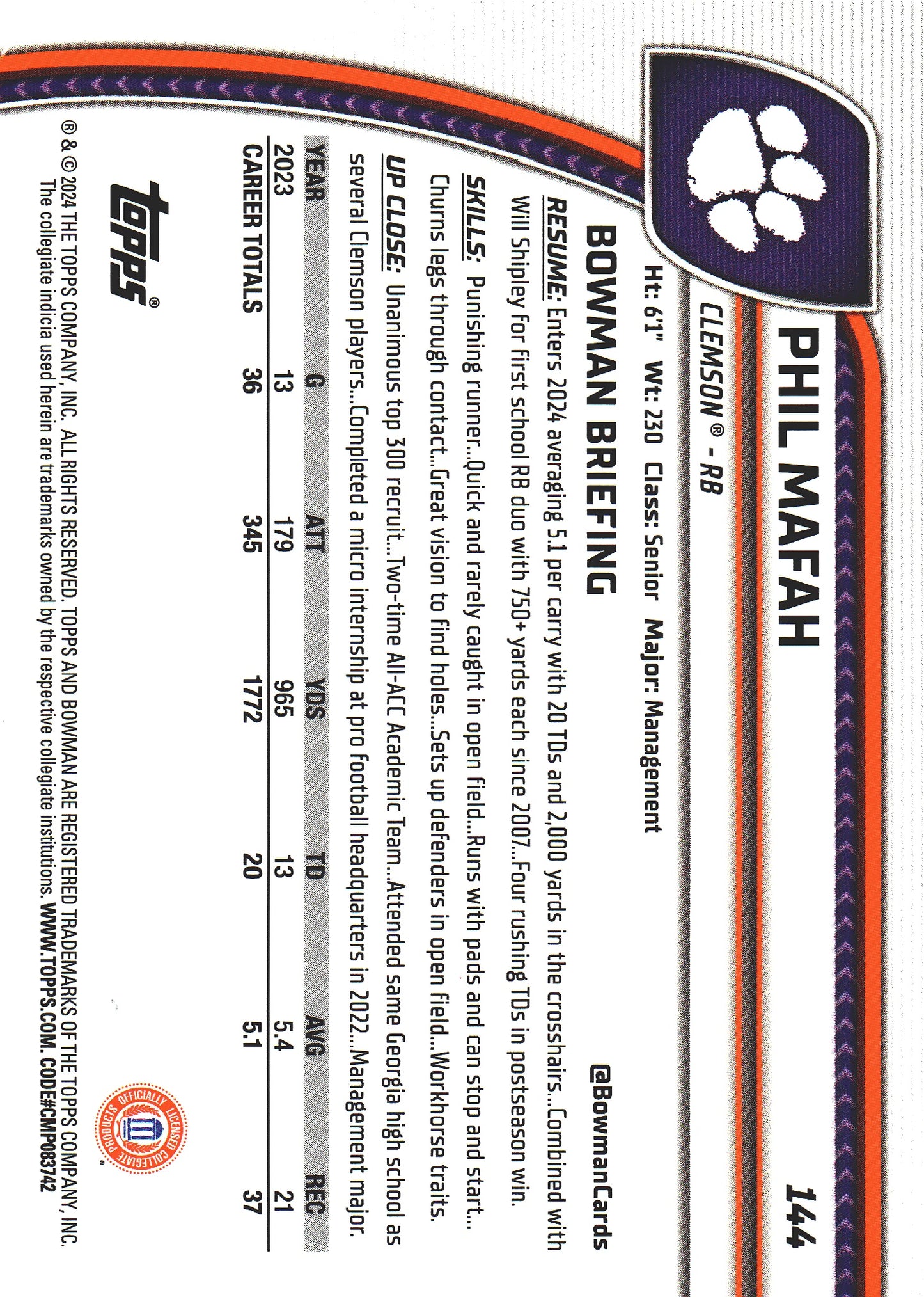 2024 Topps Bowman U Chrome Aqua /299 Phil Mafah #144 Clemson Tigers