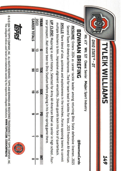 2024 Topps Bowman U Chrome Aqua /299 Tyleik Williams #149 Ohio State Buckeyes