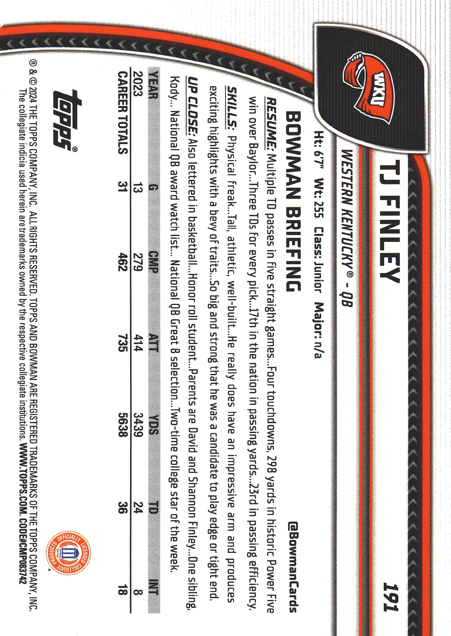 2024 Topps Bowman U Chrome Aqua /299 TJ Finley #191 Western Kentucky Hilltoppers