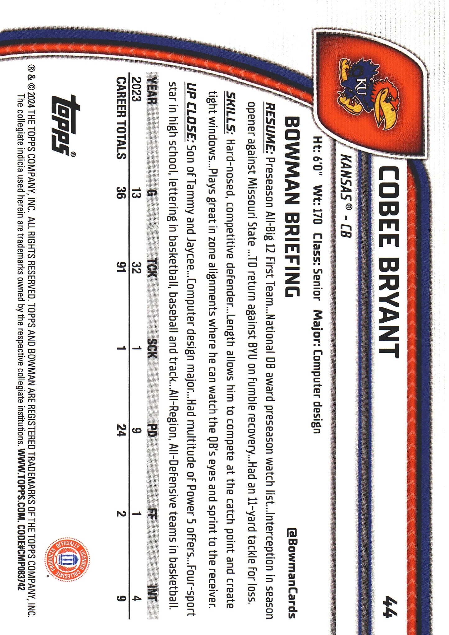 2024 Topps Bowman U Chrome Blue /199 Cobee Bryant #44 Kansas Jayhawks