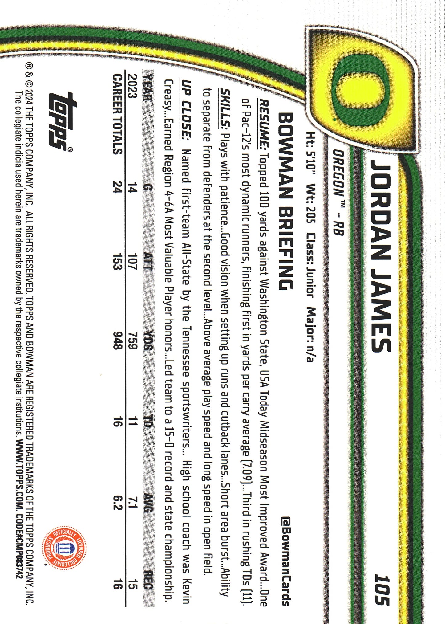 2024 Topps Bowman U Chrome Blue /199 Jordan James #105 Oregon Ducks