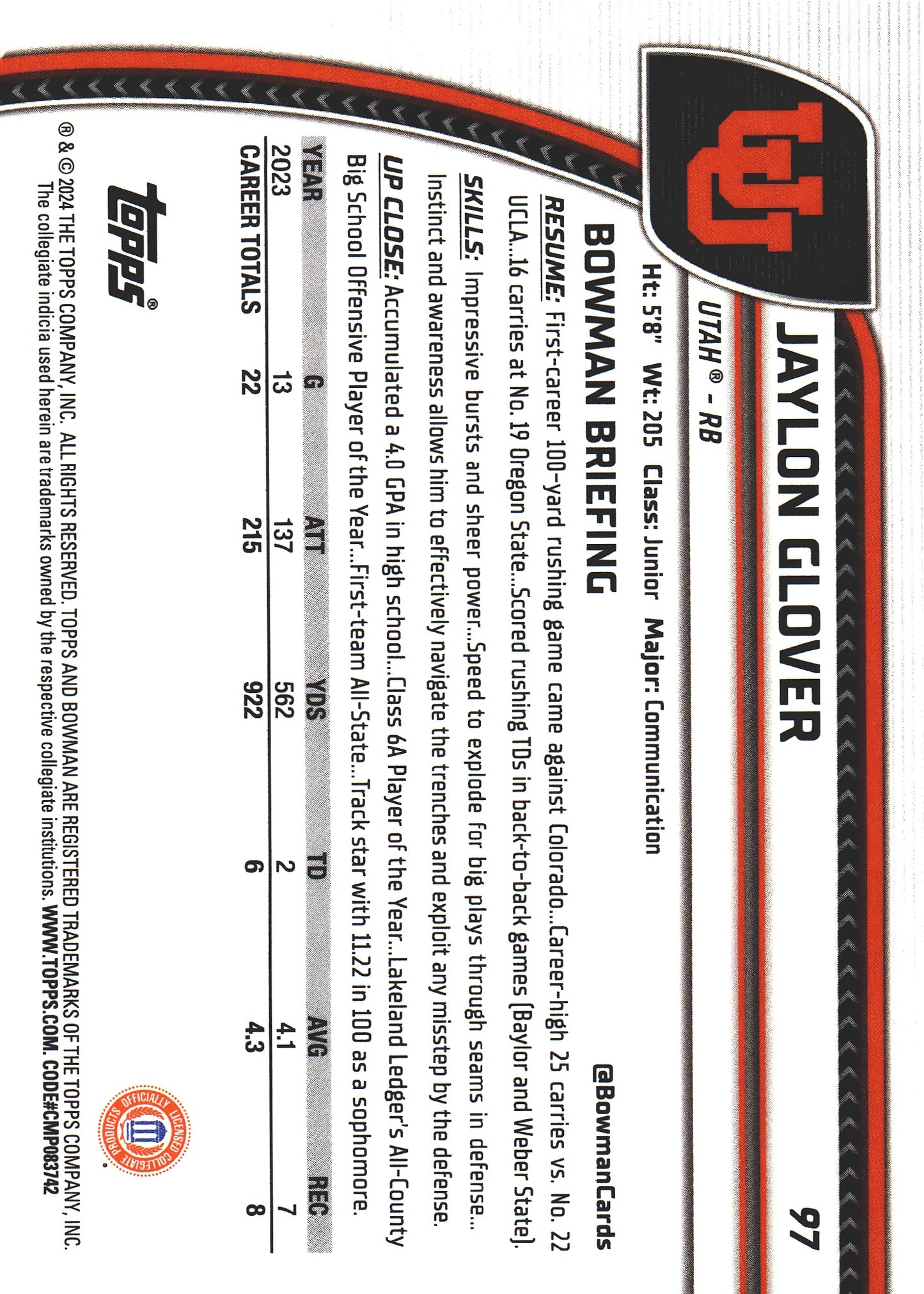 2024 Topps Bowman U Chrome Aqua /299 Jaylon Glover #97 Utah Utes