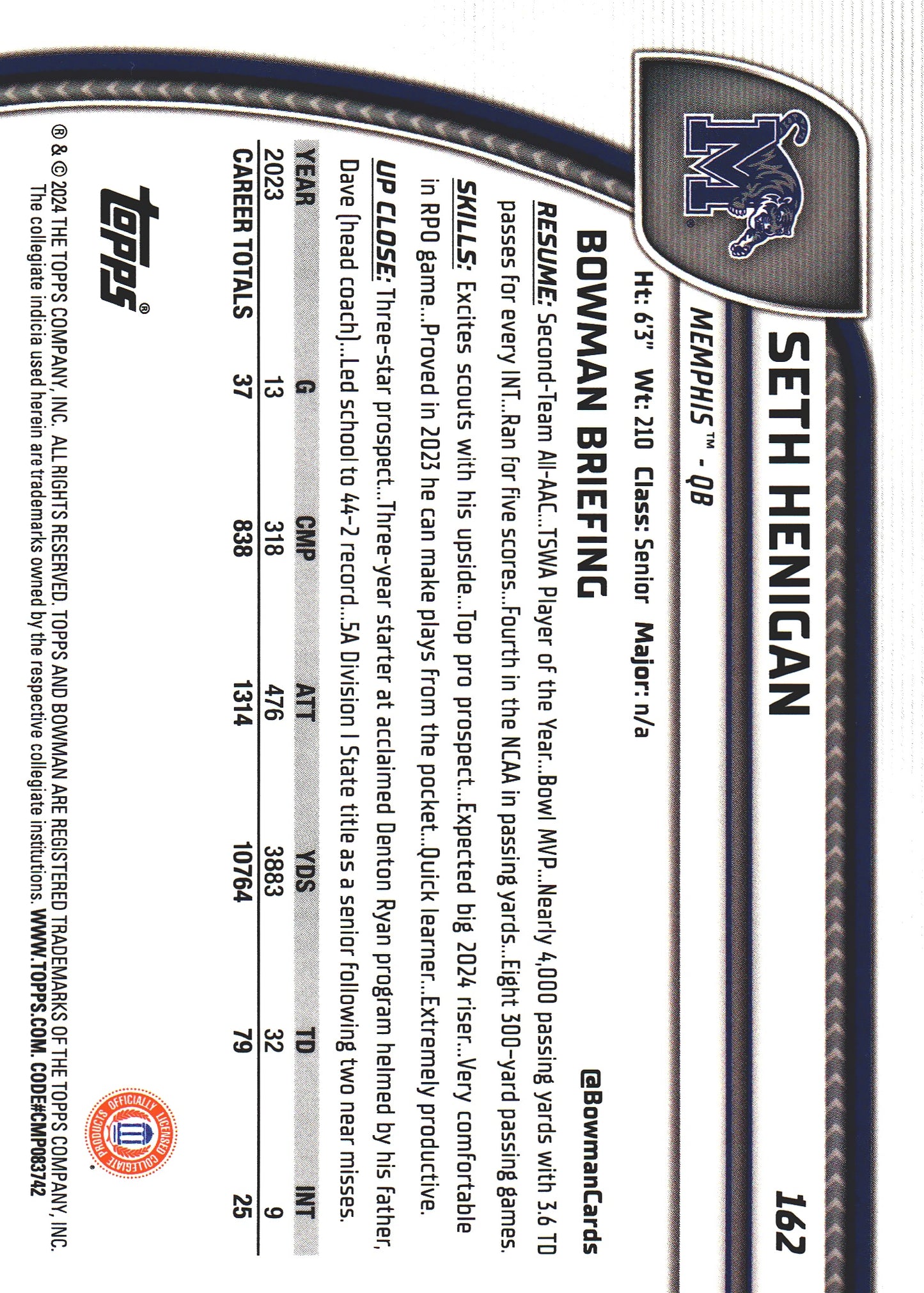 2024 Topps Bowman U Chrome Blue /199 Seth Henigan #162 Memphis Tigers