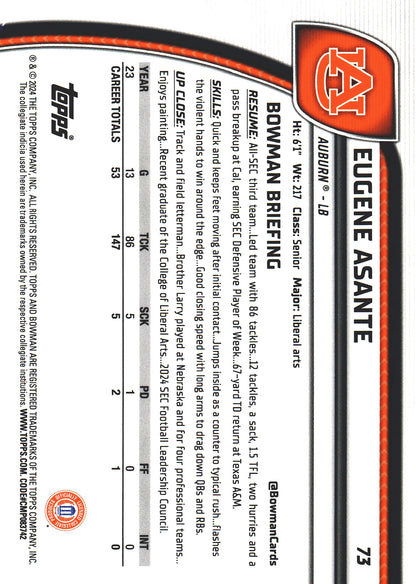 2024 Topps Bowman U Chrome Pink Mini Diamond /125 Eugene Asante #73 Auburn Tigers