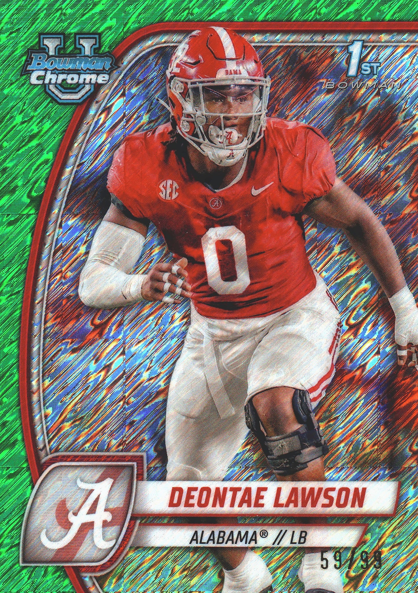 2024 Topps Bowman U Chrome Green Shimmer /99 Deontae Lawson #58 Alabama Crimson Tide