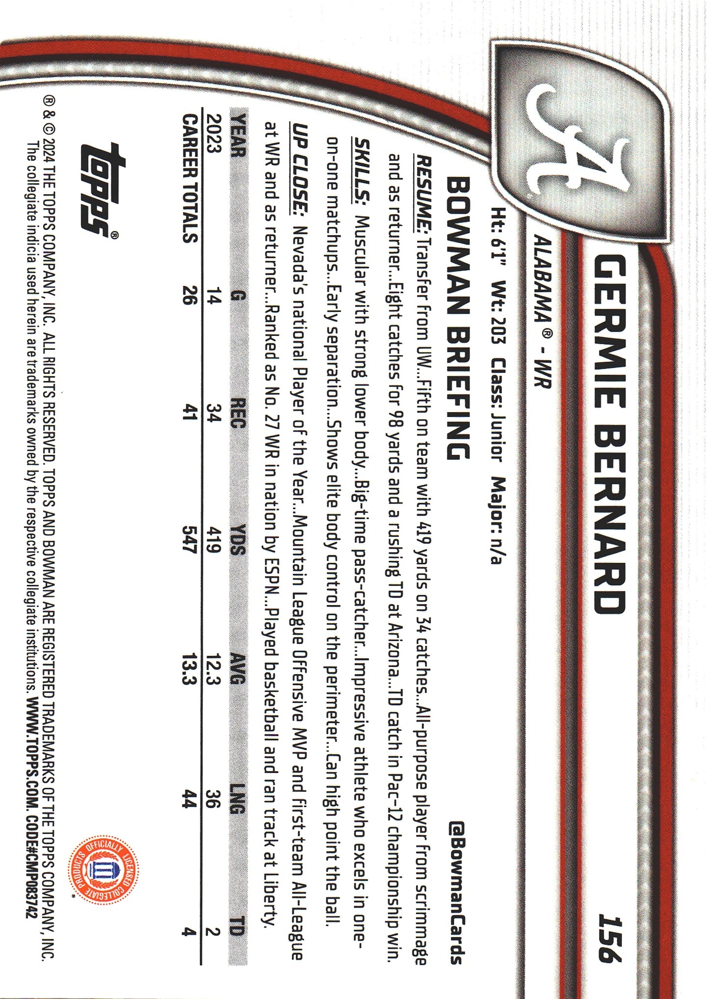 2024 Topps Bowman U Chrome Green Shimmer /99 Germie Bernard #156 Alabama Crimson Tide