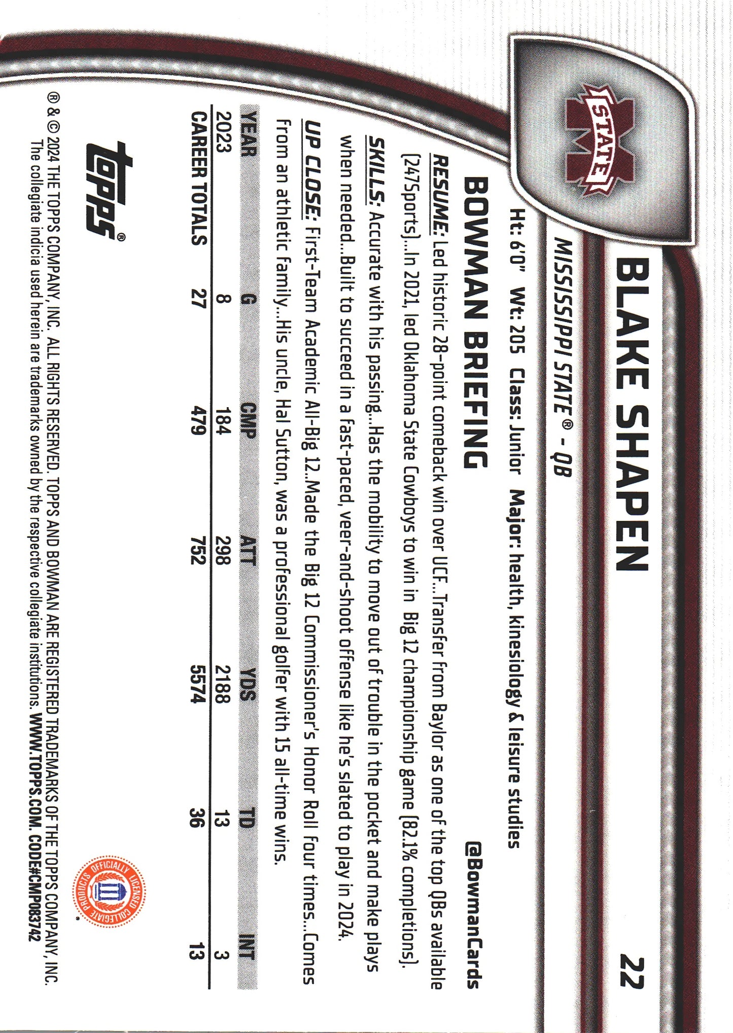 2024 Topps Bowman U Chrome Yellow /75 Blake Shapen #22 Mississippi State Bulldogs