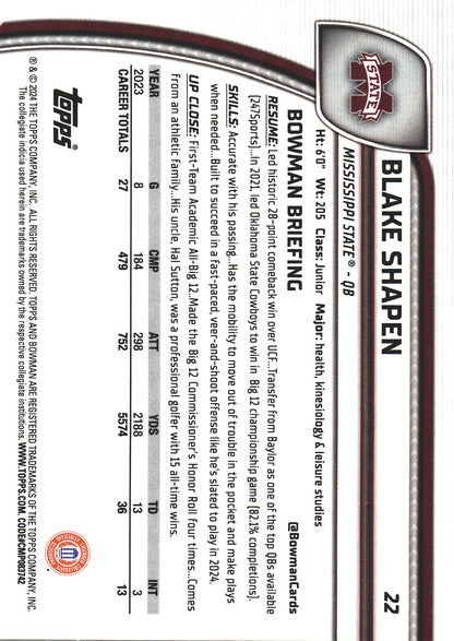 2024 Topps Bowman U Chrome Yellow /75 Blake Shapen #22 Mississippi State Bulldogs