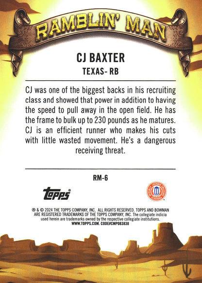 2024 Topps Bowman U Chrome Ramblin' Man Pink /150 CJ Baxter #RM-6 Texas Longhorns