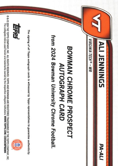 2024 Topps Bowman U Chrome Autograph Ali Jennings #PA-ALI Virginia Tech Hokies