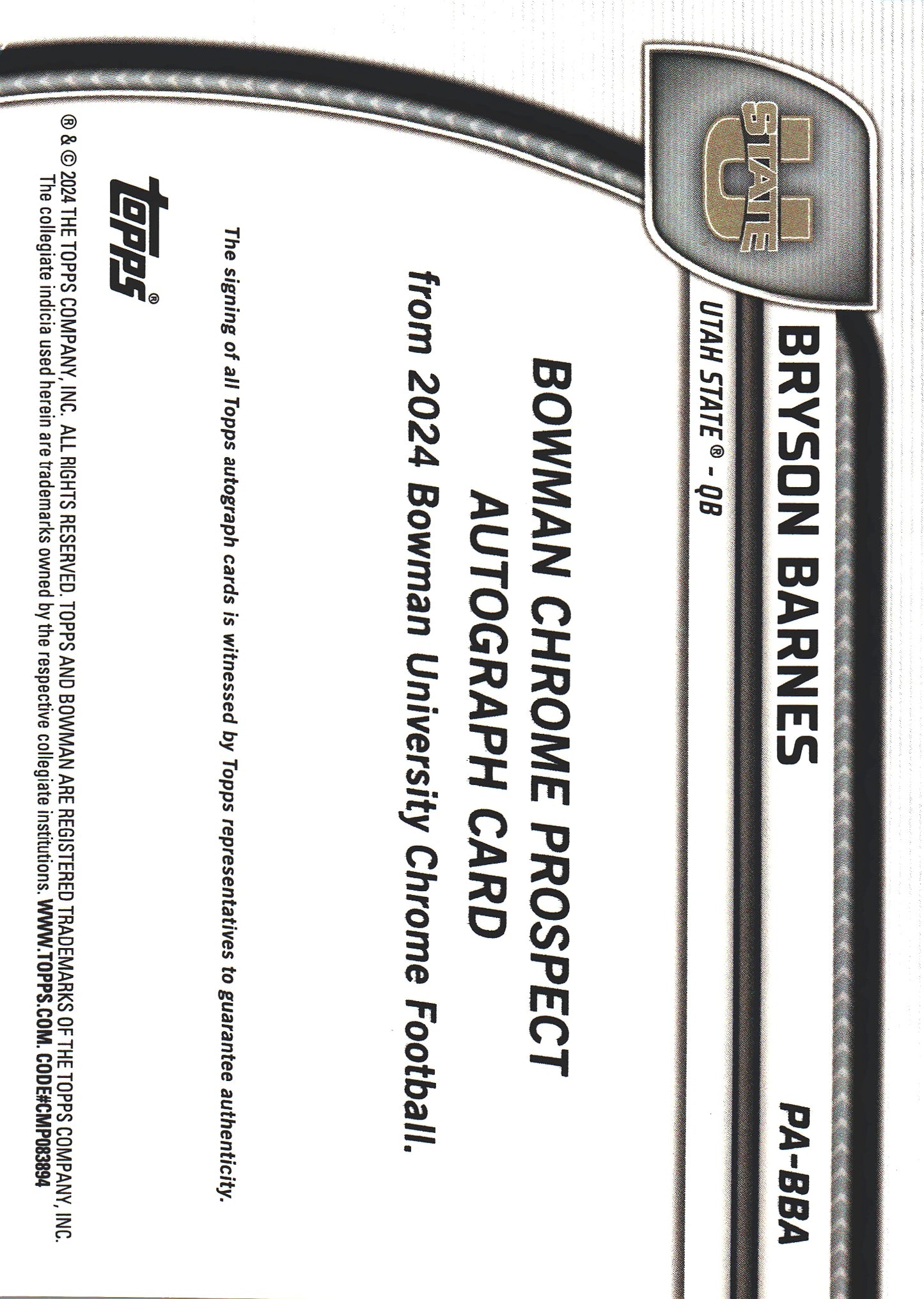 2024 Topps Bowman U Chrome Autograph Bryson Barnes #PA-BBA Utah State Aggies