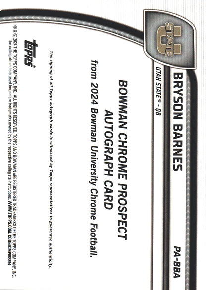 2024 Topps Bowman U Chrome Autograph Bryson Barnes #PA-BBA Utah State Aggies