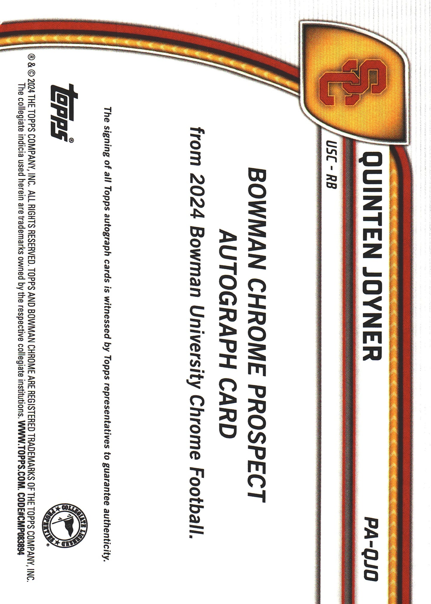 2024 Topps Bowman U Chrome Autograph Quinten Joyner #PA-QJO USC Trojans