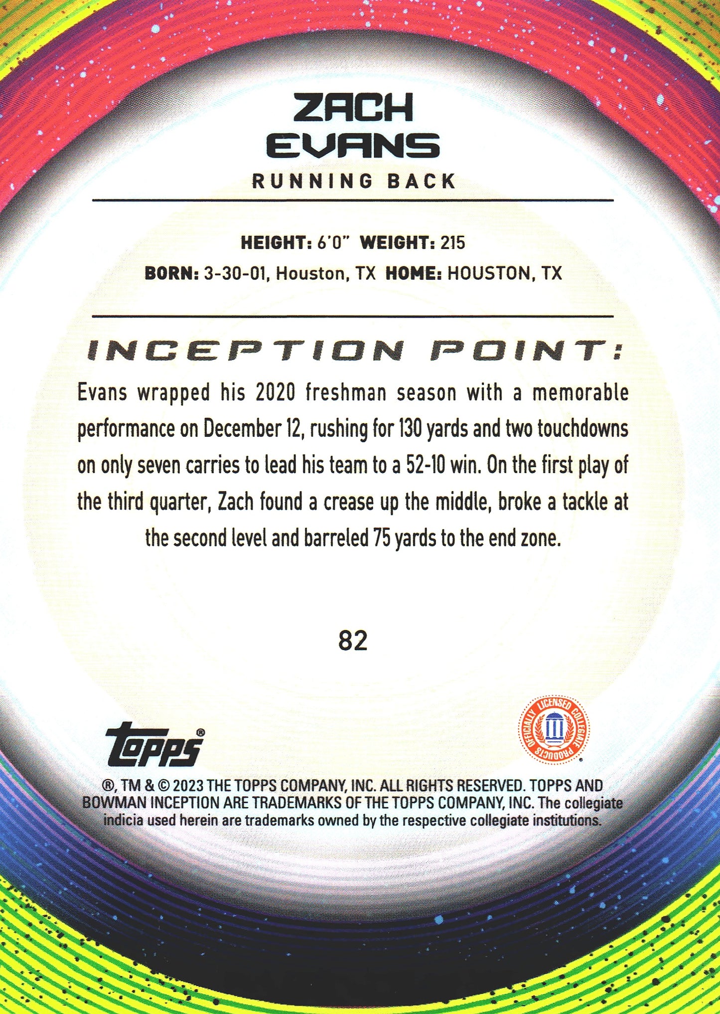 2023 Topps Bowman Inception Blue /99 Zach Evans #82 Ole Miss Rebels