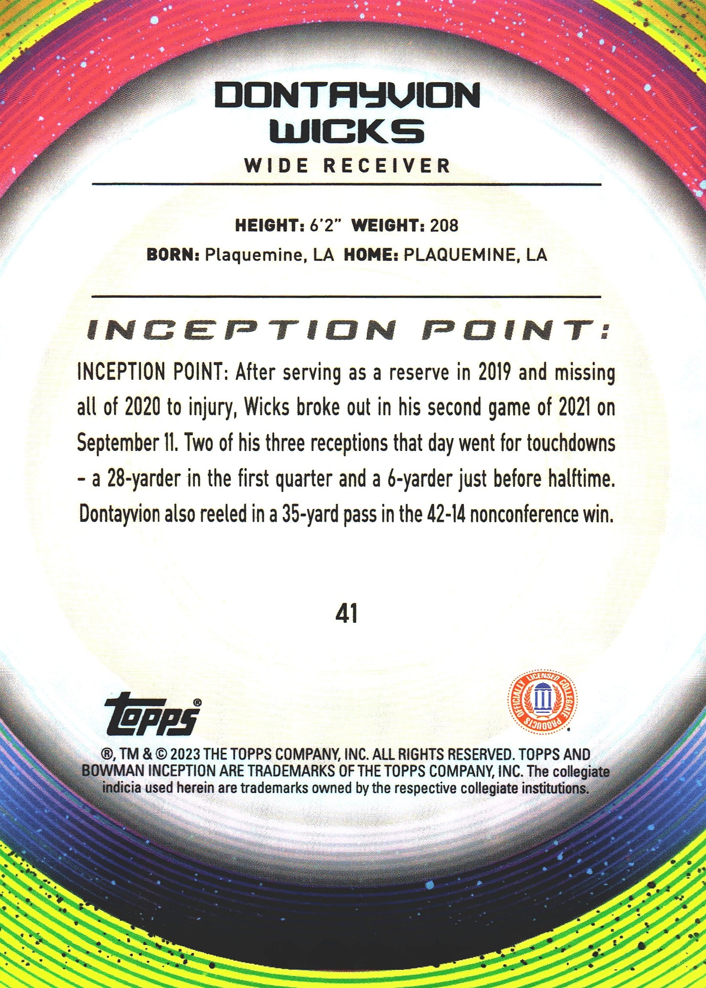 2023 Topps Bowman Inception Aqua /199 1st Dontayvion Wicks #41 Virginia Cavaliers