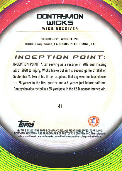 2023 Topps Bowman Inception Aqua /199 1st Dontayvion Wicks #41 Virginia Cavaliers
