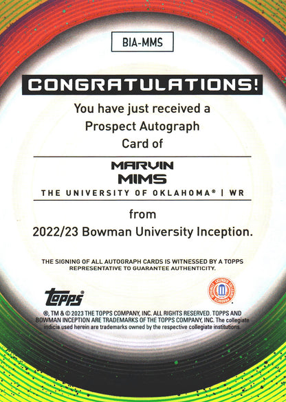 2023 Topps Bowman Inception Autograph Marvin Mims #BIA-MMS Oklahoma Sooners