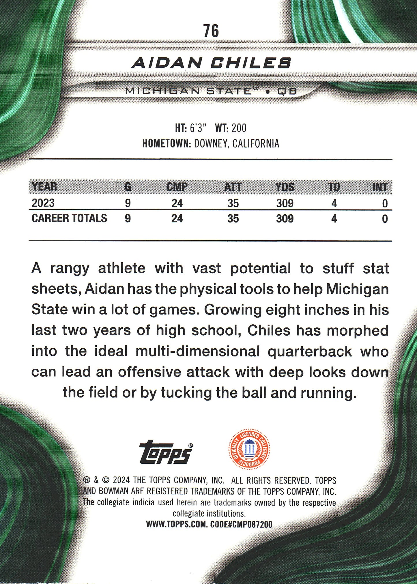 2024 Topps Bowman's Best Purple /125 Aidan Chiles #76 Michigan State Spartans