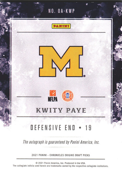 2021 Panini Origins Autograph /99 Kwity Paye #OA-KWP Michigan Wolverines