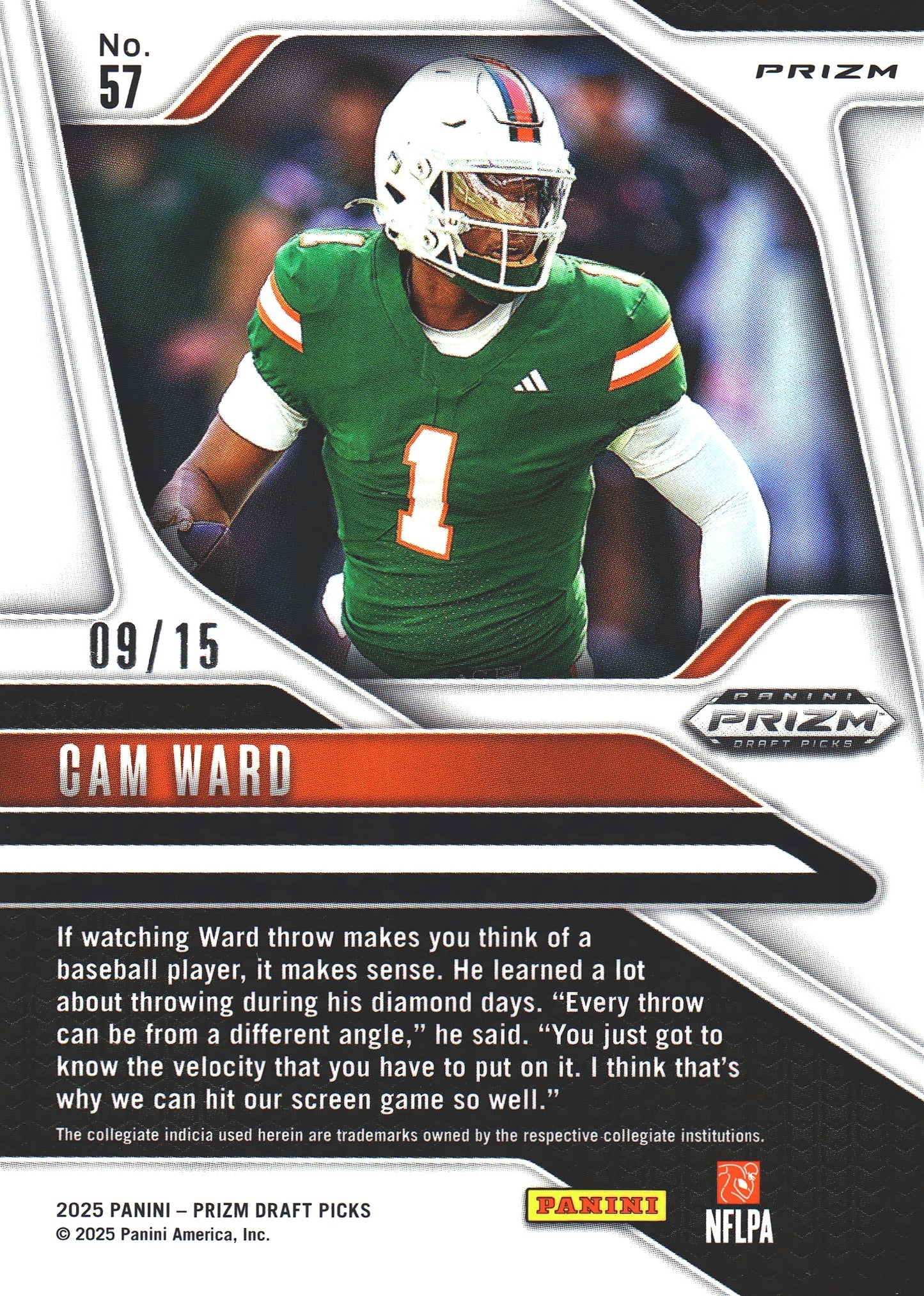 2025 Panini Prizm Draft Picks Cam Ward RC /15 #57 Miami Hurricanes