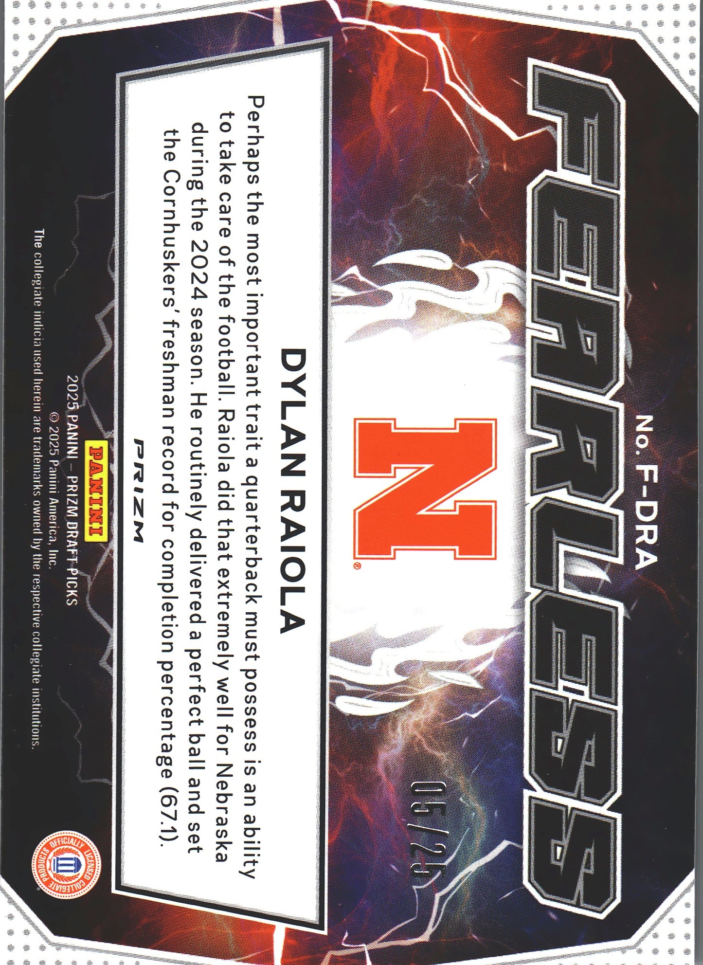 2025 Panini Prizm Draft Picks Fearless Pink Pulsar /25 Dylan Raiola RC #F-DRA Nebraska Cornhuskers
