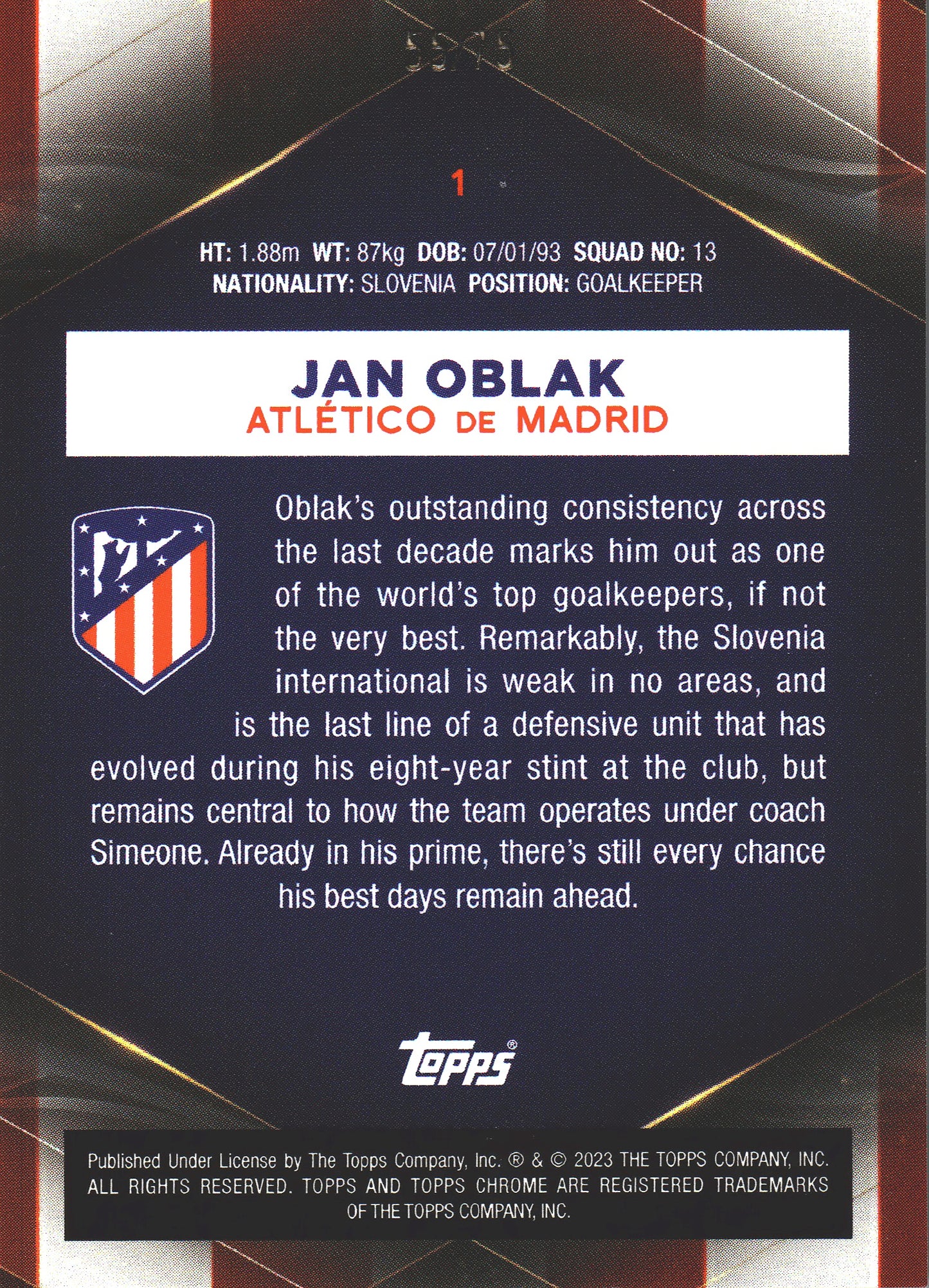 2022 Topps Chrome Set Jan Oblak /75 #1 Atlético de Madrid
