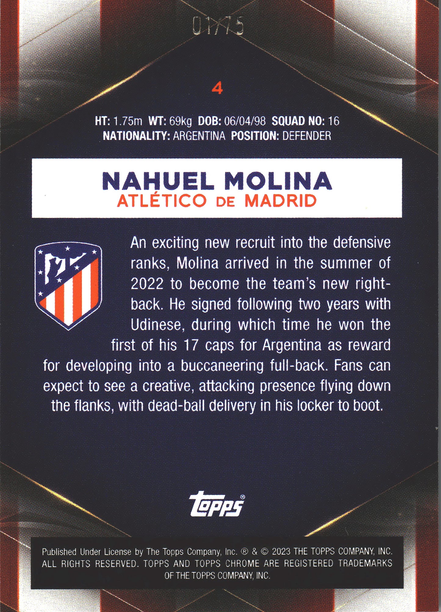 2022 Topps Chrome Set Nahuel Molina /75 #4 Atlético de Madrid