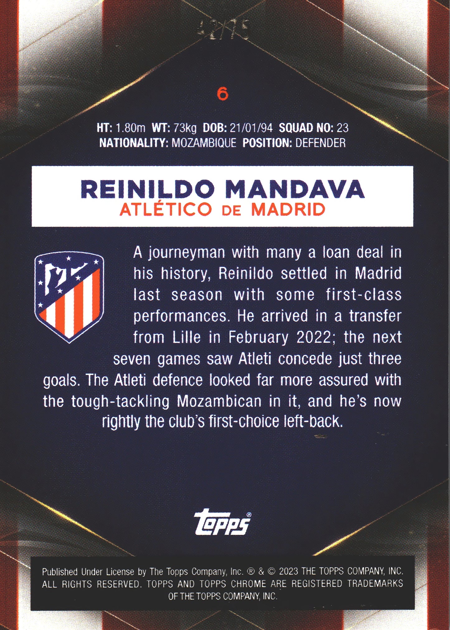 2022 Topps Chrome Set Reinildo Mandava /75 #6 Atlético de Madrid
