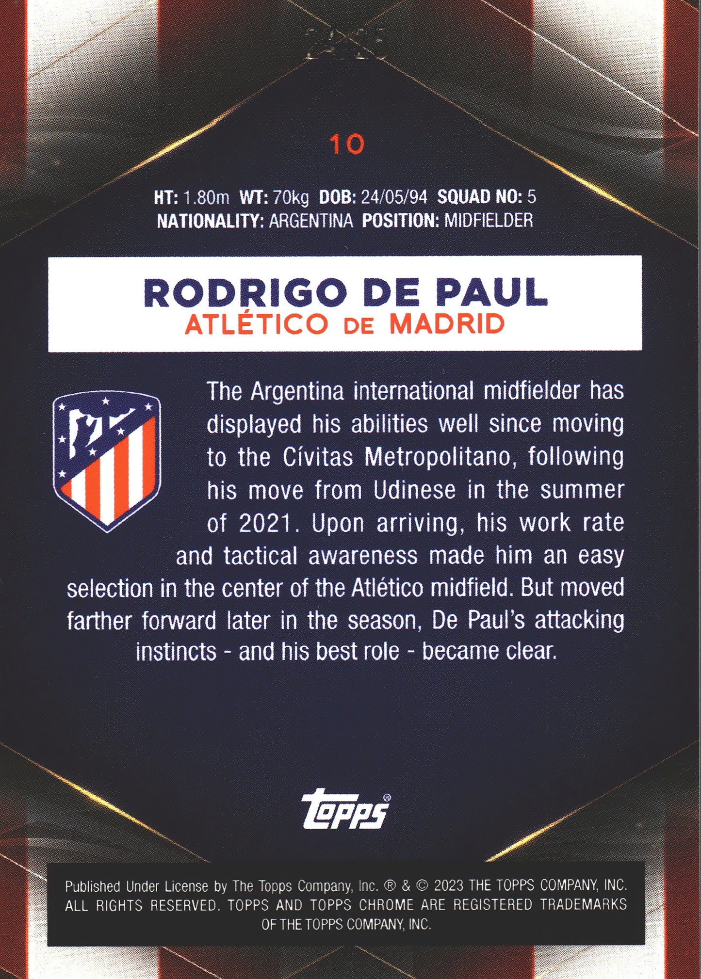 2022 Topps Chrome Set Rodrigo De Paul Red /25 #10 Atlético de Madrid