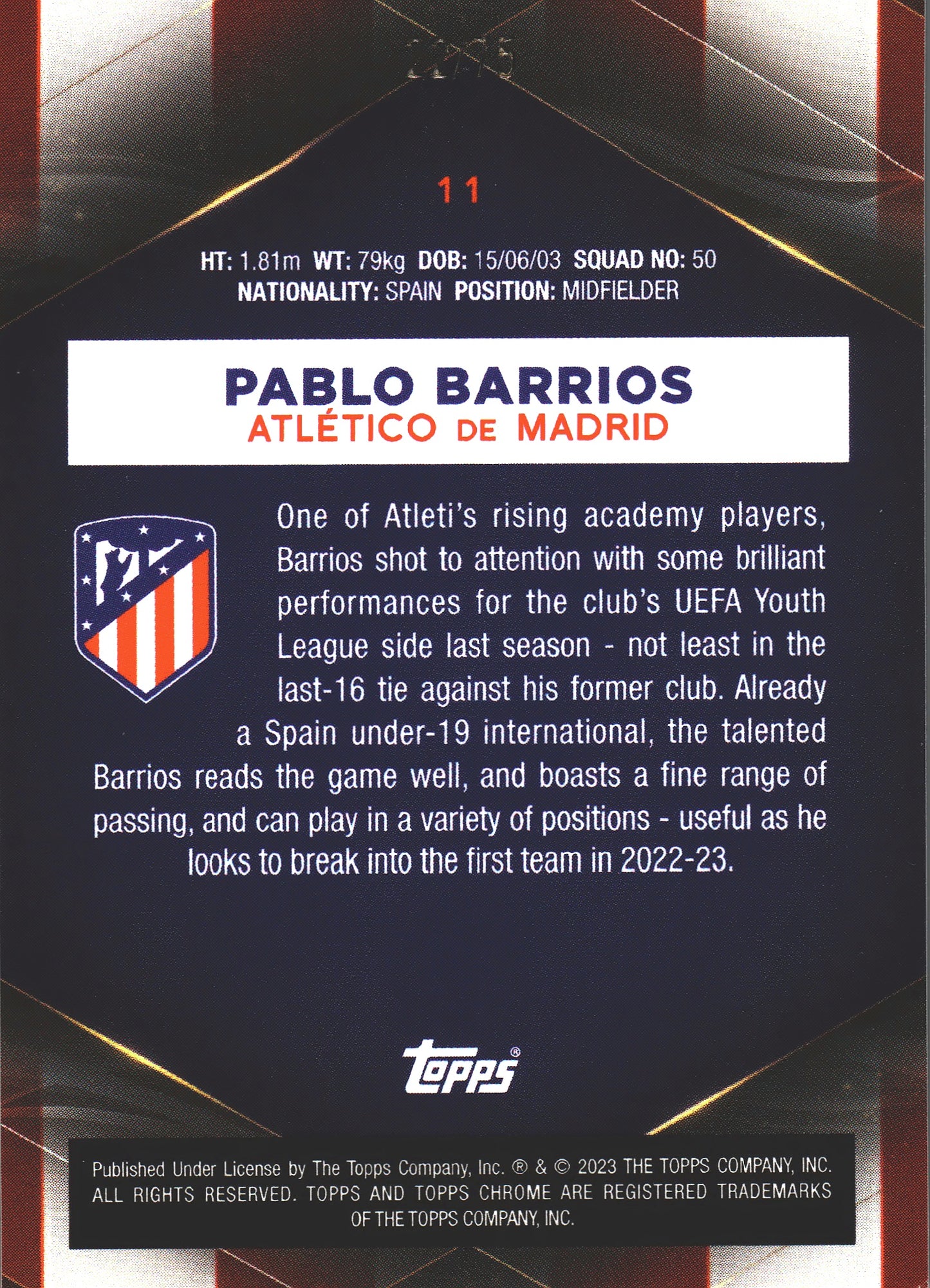 2022 Topps Chrome Set Pablo Barrios /75 #11 Atlético de Madrid