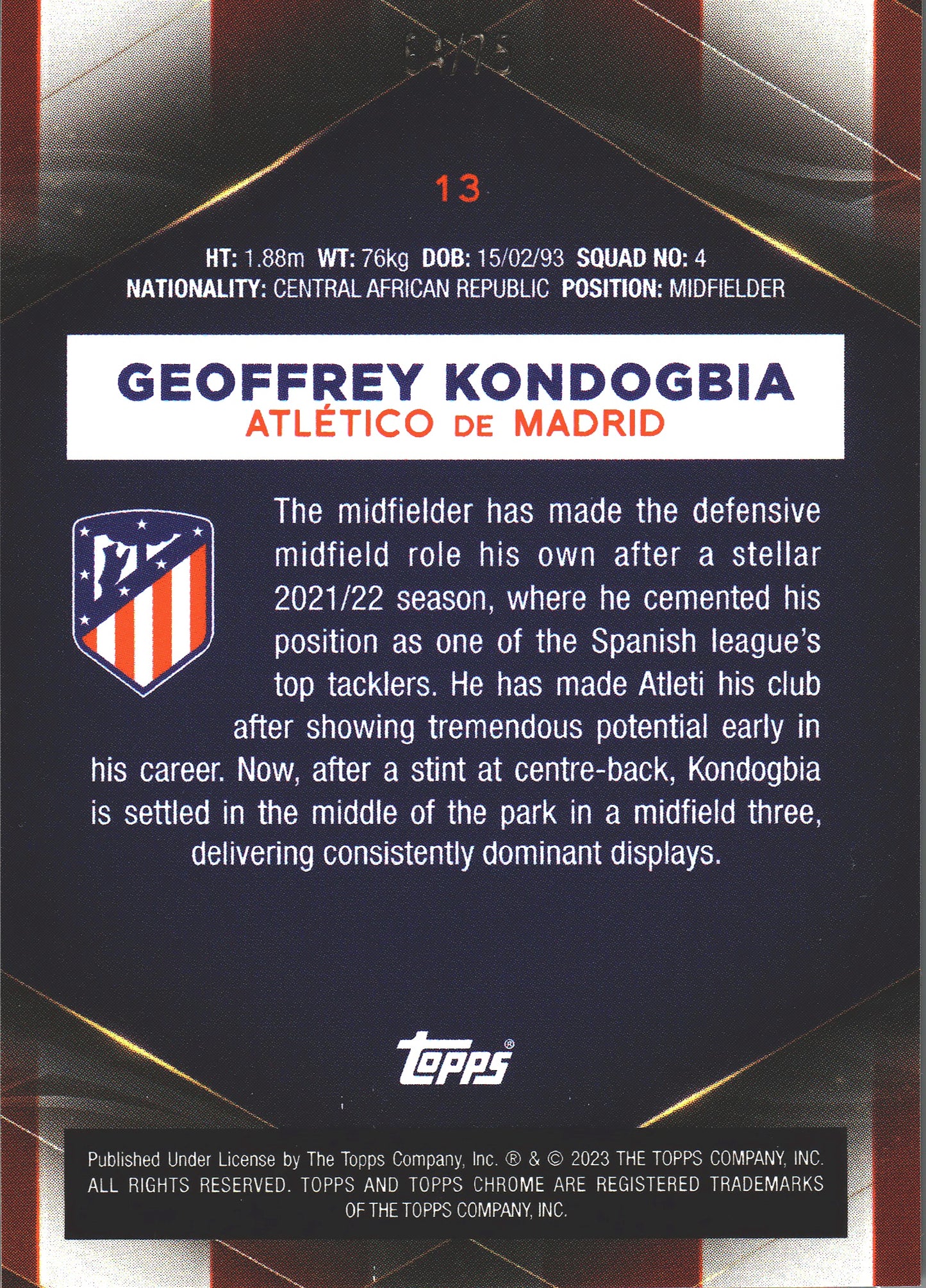 2022 Topps Chrome Set Geoffrey Kondogbia /75 #13 Atlético de Madrid