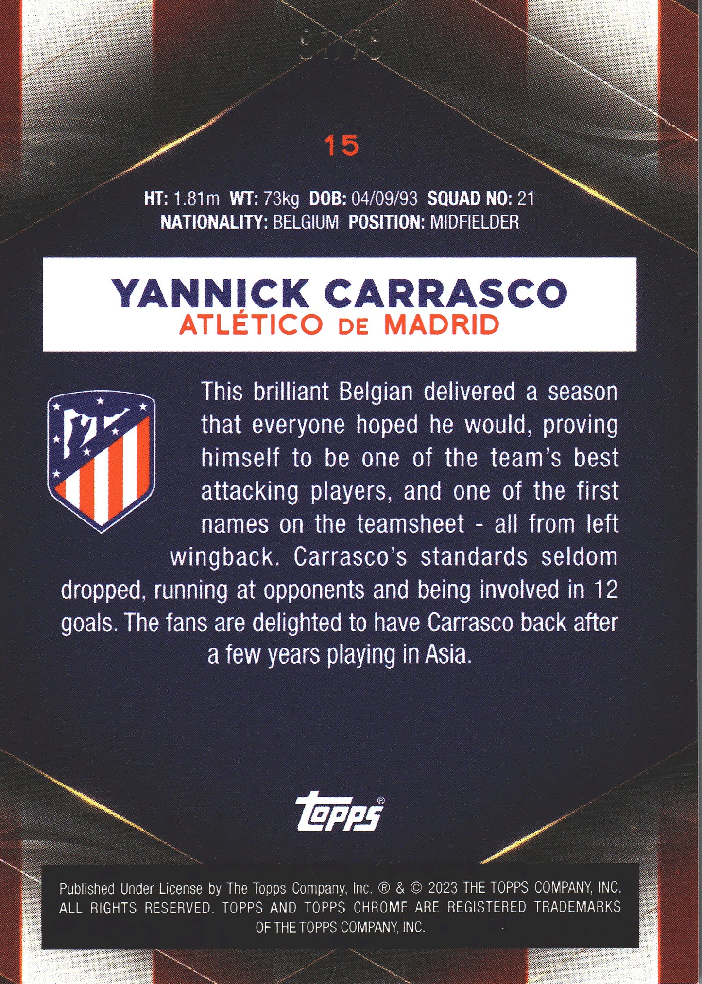 2022 Topps Chrome Set Yannick Carrasco /75 #15 Atlético de Madrid