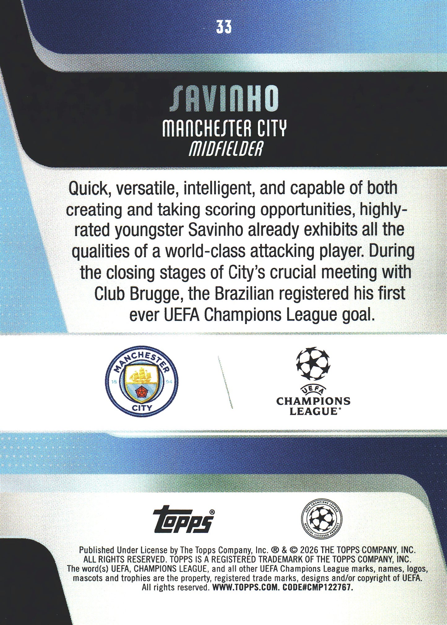 2025 Topps Flagship UCC Japan Sunflowers Savinho #33 Manchester City