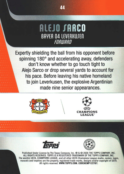 2025 Topps Flagship UCC Japan Sunflowers Alejo Sarco RC #44 Bayer 04 Leverkusen